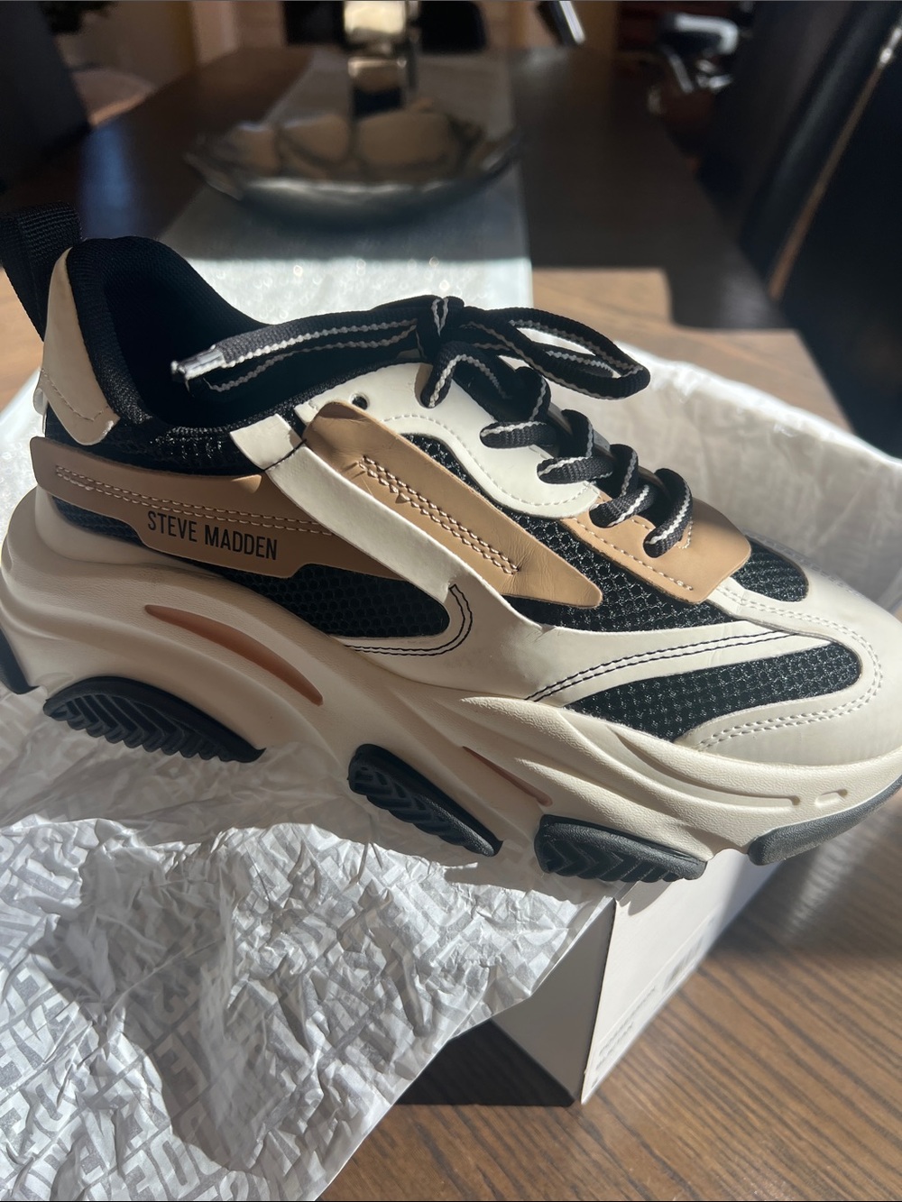 Steve Madden Women’s Chunky Lace-Up Sneakers in Black, Cream & Tan